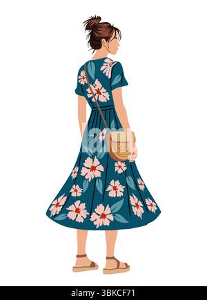 Femme en robe florale d'été et sandales isolées Illustration de Vecteur