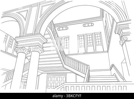 Un dessin au trait noir et blanc détaillé illustrant un grand espace intérieur classique. L'image présente un escalier proéminent avec une balustrade ornée Illustration de Vecteur