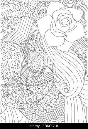 Une illustration détaillée de dessin au trait noir et blanc mettant en vedette un mélange complexe de motifs organiques et géométriques, y compris une rose, des tourbillons, des points, des écailles, an Illustration de Vecteur