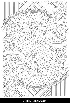 Motif abstrait détaillé d'art au trait noir et blanc. Idéal pour les livres de coloriage pour adultes, les arrière-plans, les textures et les projets de design créatif. Comporte un co Illustration de Vecteur