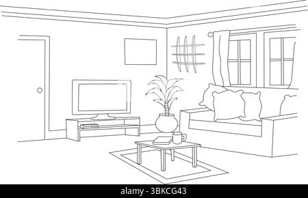 Illustration simple de dessin au trait noir et blanc d'un intérieur confortable de salon avec des meubles et des décorations. Idéal pour les pages à colorier, design Conce Illustration de Vecteur