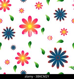 Motif vectoriel sans couture. Fleurs et feuilles avec remplissage dégradé de couleurs rouges, bleues et vertes sur fond blanc. Idéal pour les tissus et le papier d'emballage Banque D'Images