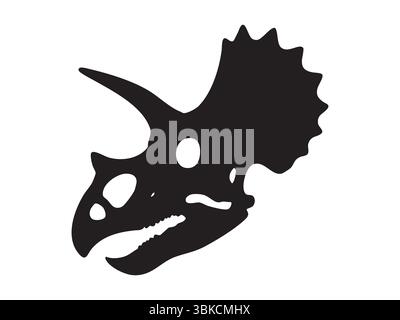 Silhouette noire de crâne de tricératops avec de grandes cornes et volants, isolé sur fond blanc, illustration. squelette de dinosaure préhistorique, fossile cératopsien, ancien élément de conception herbivore. Illustration de Vecteur