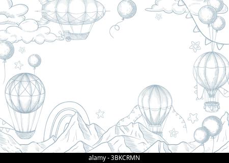 Illustration de cadre vectoriel avec des ballons à air, des nuages, des montagnes et des arcs-en-ciel dans le style de gravure de contour. Dessin linéaire de modèle avec aérostats idéal pour les cartes de voeux ou invitations de douche de bébé. Illustration de Vecteur