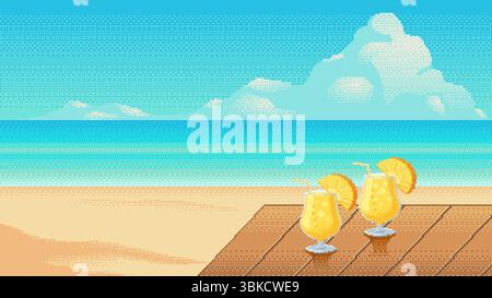 Pixel art de plage tropicale avec deux cocktails d'ananas sur une terrasse en bois. Ciel lumineux, mer calme et atmosphère de vacances d'été. Illustration vectorielle. Illustration de Vecteur
