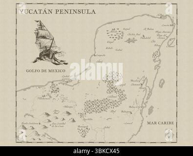 Carte historique de la péninsule du Yucatan montrant les régions du golfe du Mexique et de la mer des Caraïbes dans un style cartographique antique. Banque D'Images