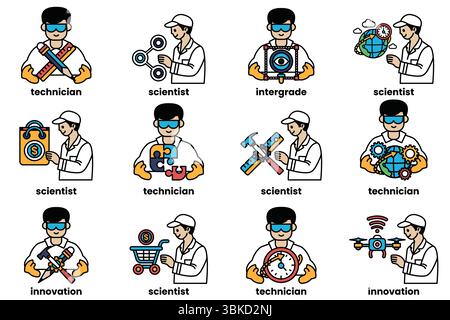 Un ensemble de douze images de personnes en blouses de laboratoire blanches, chacune avec une profession différente. Les images sont disposées en grille, chaque personne tenant un d Illustration de Vecteur