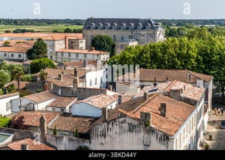 Une vue aérienne estivale montre des toits, des maisons et des cheminées européennes historiques, avec des arbres et des gens à la place Eudes d'Aquitaine à Saint-Martin-de-Ré, France. Place Eudes d'Aquitaine, Saint-Martin-de-Ré, Nouvelle-Aquitaine, France Banque D'Images