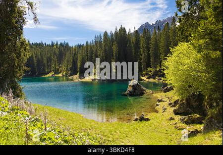 Les eaux claires et turquoise émeraude du lac Carezza, encadrées par une dense forêt de pins et un littoral verdoyant, avec des montagnes lointaines sous un bleu lumineux Banque D'Images