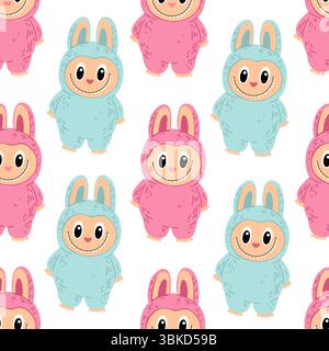 Illustration vectorielle de dessin animé plat d'un motif sans couture avec des jouets de personnage Labubu rose et bleu dessinés à la main avec de grandes oreilles et des visages expressifs. Re Illustration de Vecteur