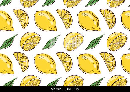 Motif citron coloré avec des fruits jaune vif, des feuilles vertes et une tranche juteuse. Fond sans couture pour l'emballage, les textiles, les impressions de cuisine ou frais Illustration de Vecteur