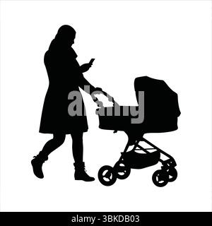 Mère poussant poussette et utilisant Phone Silhouette - Parenting Modern Lifestyle Illustration de Vecteur