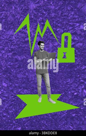 Poster modèle d'esquisse de tendance collage de photo de jeune programmeur travail ordinateur portable verrouiller le dispositif virtuel informatique de technologie de données de cybersécurité Banque D'Images