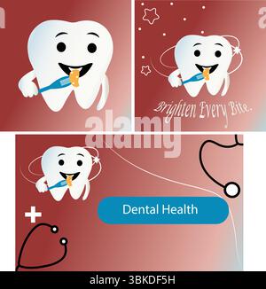 Ensemble de promotion de clinique dentaire avec mascotte de dents - panneaux de bande dessinée dentaire mignons avec bulle de parole et icônes de soins de santé Illustration de Vecteur
