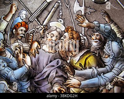 La trahison du Christ par Judas montrée dans une image sur un panneau de vitrail des pays-Bas datant d'environ 1650, Jésus religieux stock ph Banque D'Images