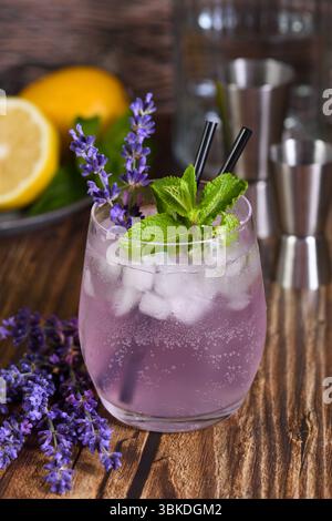 Cocktail Mojito à saveur lavande, servi avec menthe et brins de lavande Banque D'Images