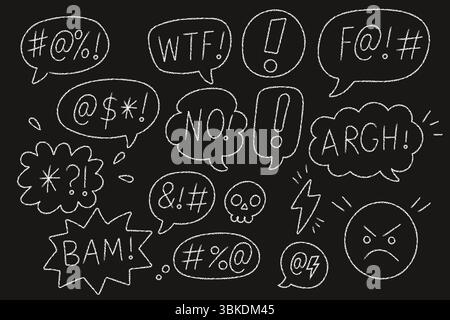 Bulles en colère de style comique avec texture crayon de craie sur fond de tableau noir. Symboles jurés et discours expressif pour la conception graphique. Illustration de Vecteur