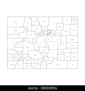 Colorado, CO - carte politique détaillée de l'état américain. Carte administrative divisée en comtés. Carte fine à contour noir avec étiquettes de nom de comté. Illustration vectorielle Illustration de Vecteur