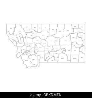 Montana, MT - carte politique détaillée de l'état américain. Carte administrative divisée en comtés. Carte fine à contour noir avec étiquettes de nom de comté. Illustration vectorielle Illustration de Vecteur