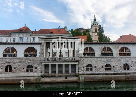 Une vue symétrique et emblématique de la colonnade du marché central, également connue sous le nom d'Arcades de Plechnik, s'étend le long de la paisible rivière Ljubljanica à LJU Banque D'Images