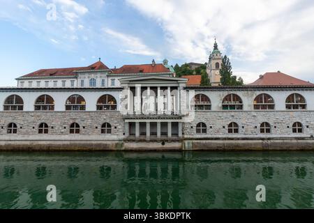 Une vue symétrique et emblématique de la colonnade du marché central, également connue sous le nom d'Arcades de Plechnik, s'étend le long de la paisible rivière Ljubljanica à LJU Banque D'Images
