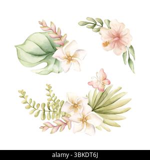 Hibiscus tropical Plumeria Monstera arrangements feuilles de palmier. Fleurs exotiques de la jungle africaine plantes aquarelle peint à la main floral d'été isolé Banque D'Images