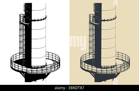 Partie d'une grande cheminée industrielle avec structure métallique, plate-forme et échelle de service gros plan Illustration de Vecteur