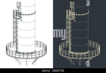Partie d'une grande cheminée industrielle avec structure métallique, plate-forme et échelle de service dessins isométriques en gros plan Illustration de Vecteur