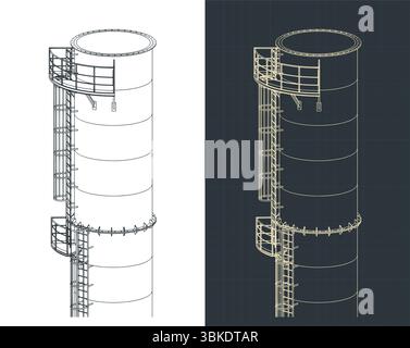 Partie d'une grande cheminée industrielle avec structure métallique et échelle de service dessins isométriques en gros plan Illustration de Vecteur