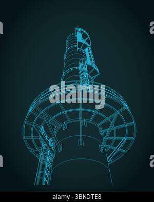 Partie d'une grande cheminée industrielle avec structure métallique, plate-forme et échelle de service rapprochée Illustration de Vecteur
