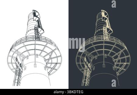 Partie d'une grande cheminée industrielle avec structure métallique, plate-forme et échelle de service rapprochée Illustration de Vecteur