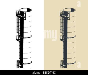 Partie d'une grande cheminée industrielle avec structure métallique, plate-forme et échelle de service gros plan Illustration de Vecteur
