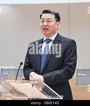 Milan, Italie CHINE 20 SCÉNARIOS ÉCONOMIQUES ET POLITIQUES nouvelles frontières pour les entreprises agroalimentaires entre l'Italie et la Chine. Événement avec les institutions Université SDA Bocconi sur la photo : Liu Kan Consul général de la République populaire de Chine à Milan Banque D'Images