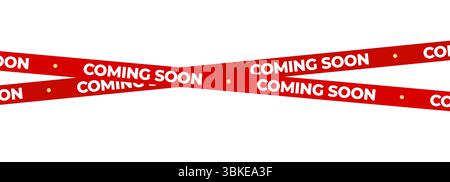 Bientôt disponible Red Banner Tape Stripe pour ouverture de boutique, lancement de soldes, avis de vente au détail, publicité de magasin, teaser de campagne, arrivée des produits, mise en page marketing. Produit Illustration de Vecteur