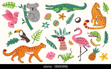 Animaux de la jungle, oiseaux et plantes. Feuilles, fleurs et fruits de la nature tropicale. Reptiles exotiques crocodile, caméléon et lézard. Koala de dessin animé et Illustration de Vecteur