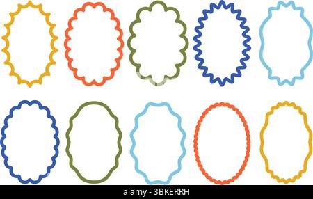 Cadres ovales ondulés. Bordures de ligne courbées décoratives, formes de cadre festonnées en zigzag lisses avec bord ondulé. Bordures de carte squiggly rétro pour scrapbooking Illustration de Vecteur