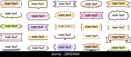 Doodle titre Box. Cadres d'étiquettes de texte dessinés à la main, bannières décoratives surlignées et boîtes d'étiquettes de style croquis. Ruban, rectangle, ovale encadré et Illustration de Vecteur