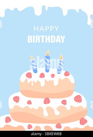 Carte de voeux de gâteau d'anniversaire avec une place sous le texte. Illustration vectorielle d'un gâteau avec des bougies, dessiné à la main. Une affiche pour un jour férié, une invitation à une fête, un anniversaire, un événement. Illustration de Vecteur