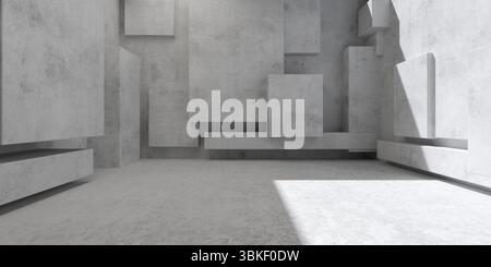 Abstrait vide, salle en béton moderne avec des murs décalés aléatoires, plafond ouvert et sol brut - modèle de fond intérieur industriel, illustration 3D. Banque D'Images