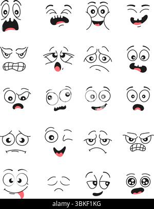 Dessinés à la main, les visages de dessins animés avec diverses expressions émotionnelles telles que l'amour, la tristesse, la colère, la confusion et le bonheur. Un grand ensemble d'expressifs Illustration de Vecteur