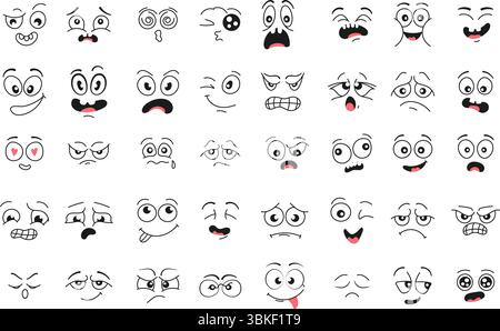 Dessinés à la main, les visages de dessins animés avec diverses expressions émotionnelles telles que l'amour, la tristesse, la colère, la confusion et le bonheur. Un grand ensemble d'expressifs Illustration de Vecteur