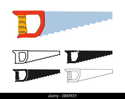 Jeu de symboles d'icône de scie à main. Réparer outil professionnel constructeur de scie à main monteur charpentier dans plusieurs styles colorés, contour de silhouette. Pour la construction, le travail du bois, réparation illustration vectorielle de dessin animé Illustration de Vecteur