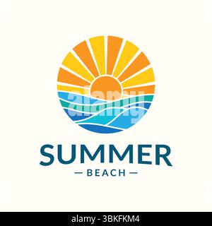 Logo de plage d'été stylisé avec soleil et vagues de l'océan Illustration de Vecteur