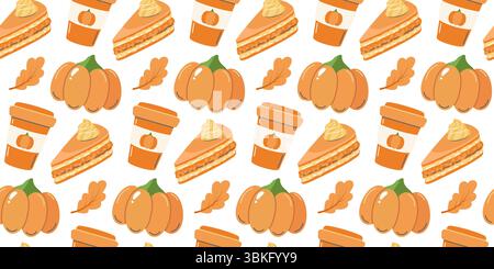 Joli motif sans couture d'épices de citrouille confortable avec des citrouilles, des feuilles, des tranches de gâteau et du café de citrouille. Parfait pour les dessins d'automne saisonniers, la papeterie, ou Illustration de Vecteur
