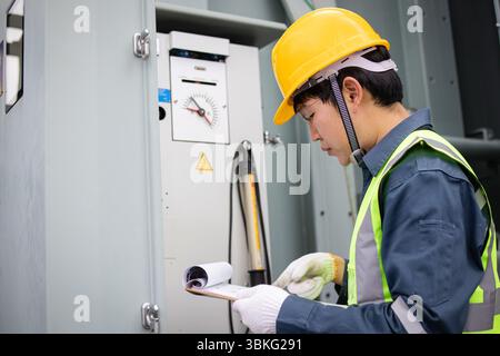 Un ingénieur portant un casque jaune effectue l'inspection du transformateur à l'intérieur de la sous-station avec une attention focalisée et un équipement de sécurité assurant un fonctionnement fiable Banque D'Images