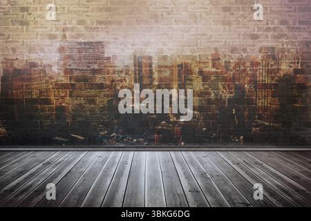 Intérieur de loft de conception plate montrant plancher de bois vieilli et mur de briques apparentes avec horizon délavé Banque D'Images