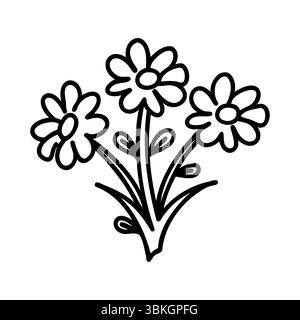 Un simple dessin au trait de trois fleurs avec des tiges et des feuilles. Les fleurs ont cinq pétales chacune et sont disposées dans un style bouquet. Illustration de Vecteur