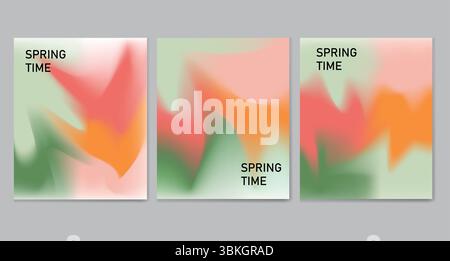 Un ensemble doux et coloré de trois affiches de printemps abstraites avec des dégradés vert pastel, rose et orange parfait pour les designs saisonniers, le décor et Illustration de Vecteur