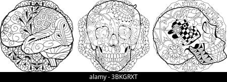 Zentangle stylisé cerveau et crânes sur mandalas. Illustration vectorielle décorative dessinée à la main pour la coloration Illustration de Vecteur