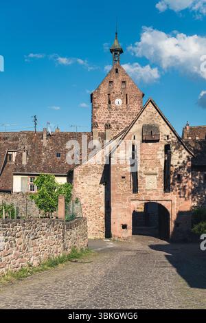La porte médiévale de la ville haute et la tour de guet Dolder dans le centre de la vieille ville de Riquewihr brillent rouge dans le soleil de l'après-midi, Alsace, France Banque D'Images